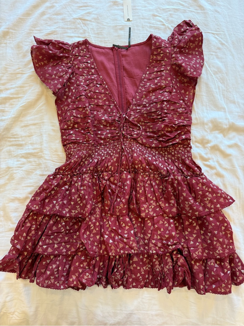 Anthropology Ruffled Tiered Dress in Burgundy with Metallic Triangle Print